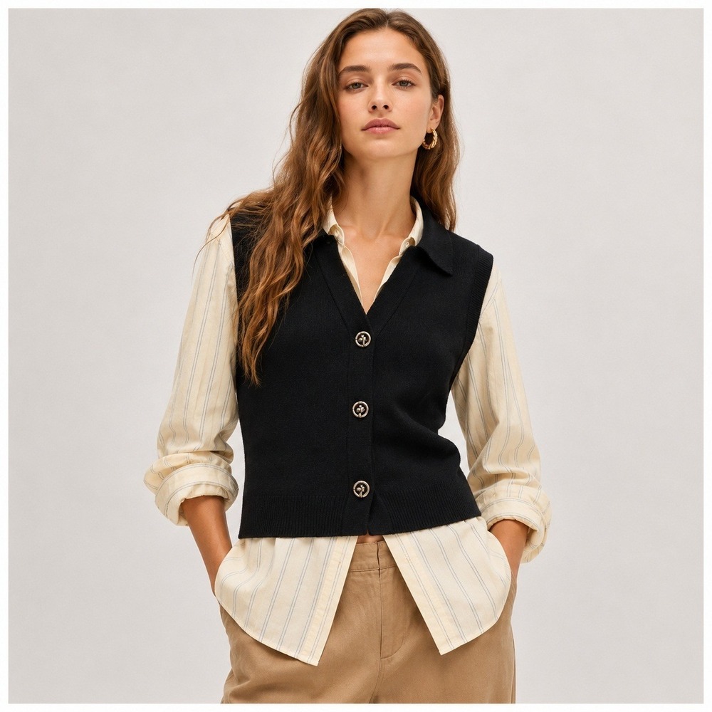 Sioni Sweater Vest Cardigan Womens Size S Black Sleeveless Toggle Quiet Lux